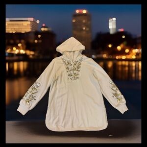 Soft Surroundings white knit hoodie pullover velvet sequined bodice/sleeves XXS